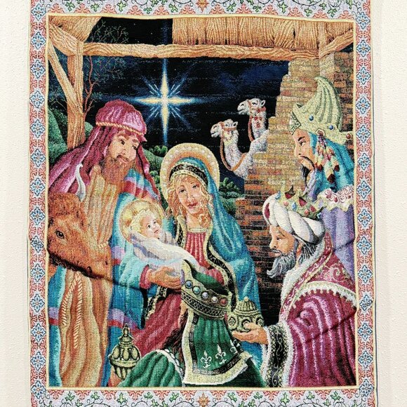 Vintage Nativity Scene Tapestry Wall Hanging With Rod Jesus Mary Wise Men 34x25" - Picture 3 of 8
